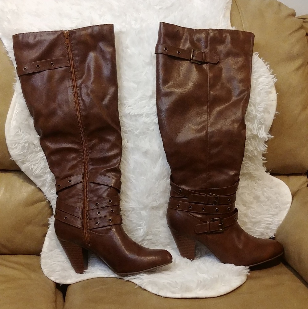 Brown leather knee high boots